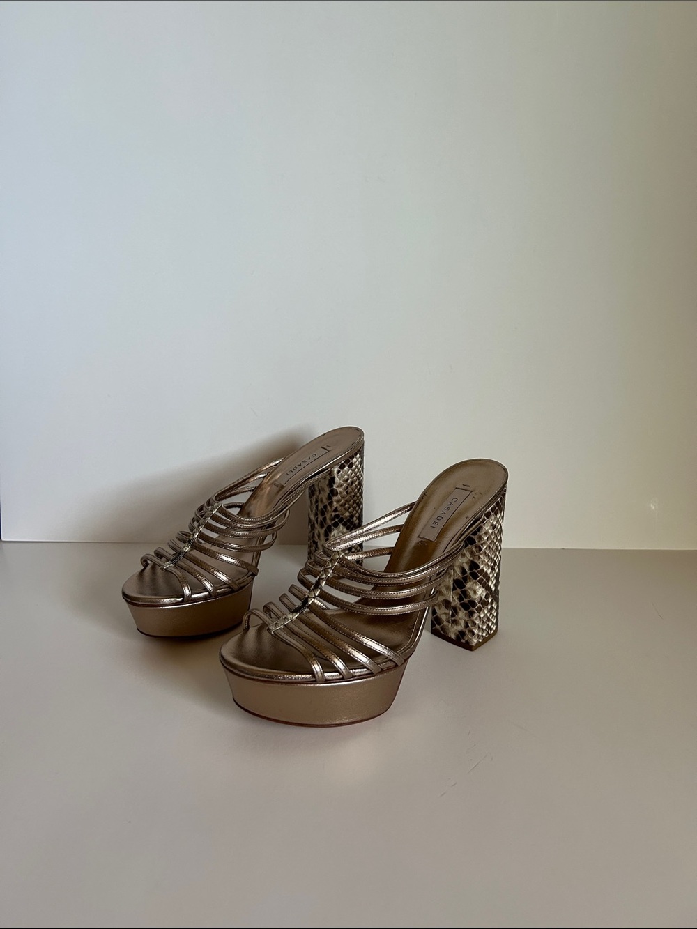 Metallic Gold Strappy Platform Heels with Snake-Print Block Heel